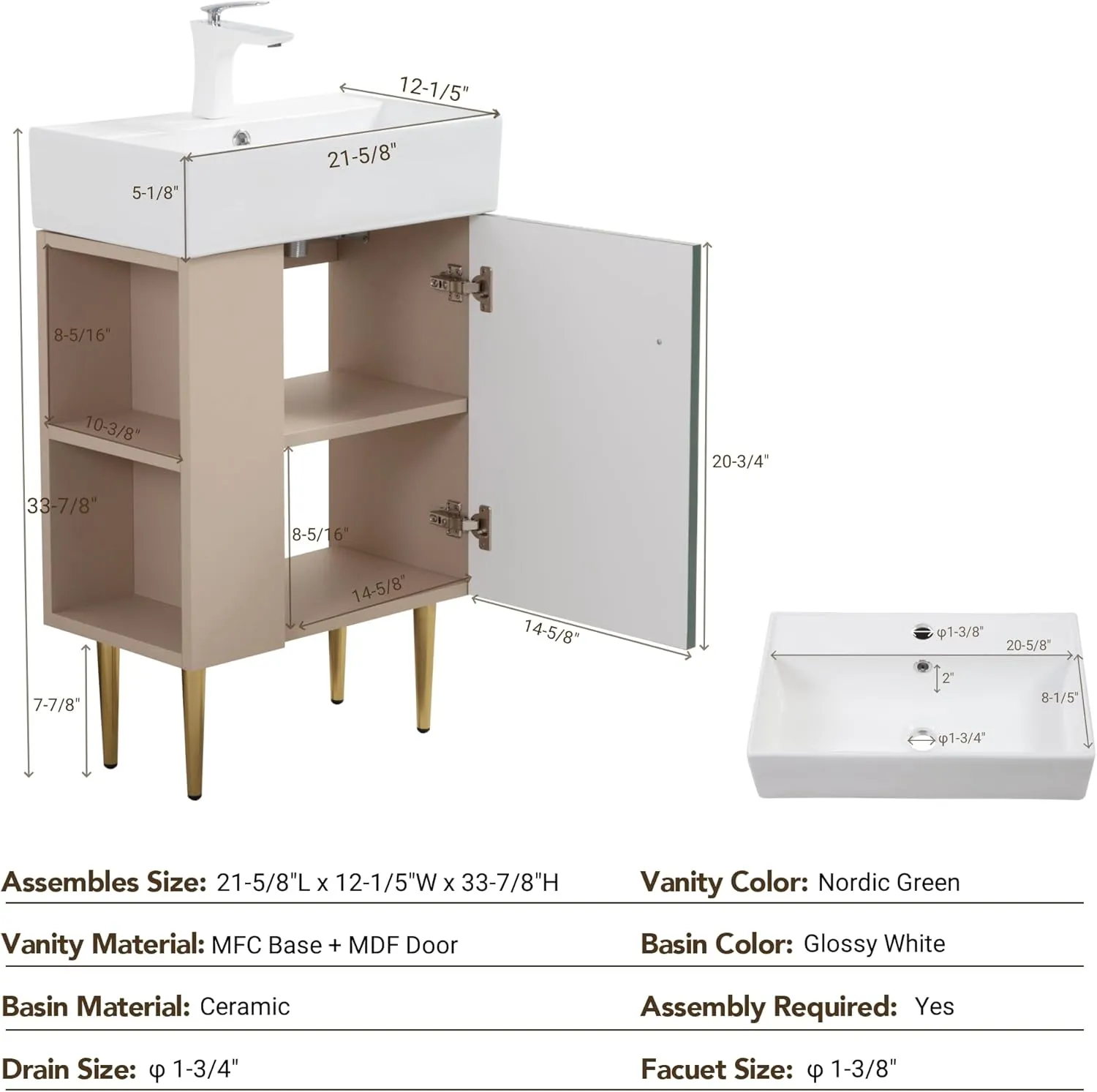 Merax 20 Inch Bathroom Vanity with Sink, Narrow Depth Bathroom Vanities,Wood Vanity Cabinet,Soft Closing Door,Freestanding Sink Cabinet W/Open Side Shelves, Dark Green