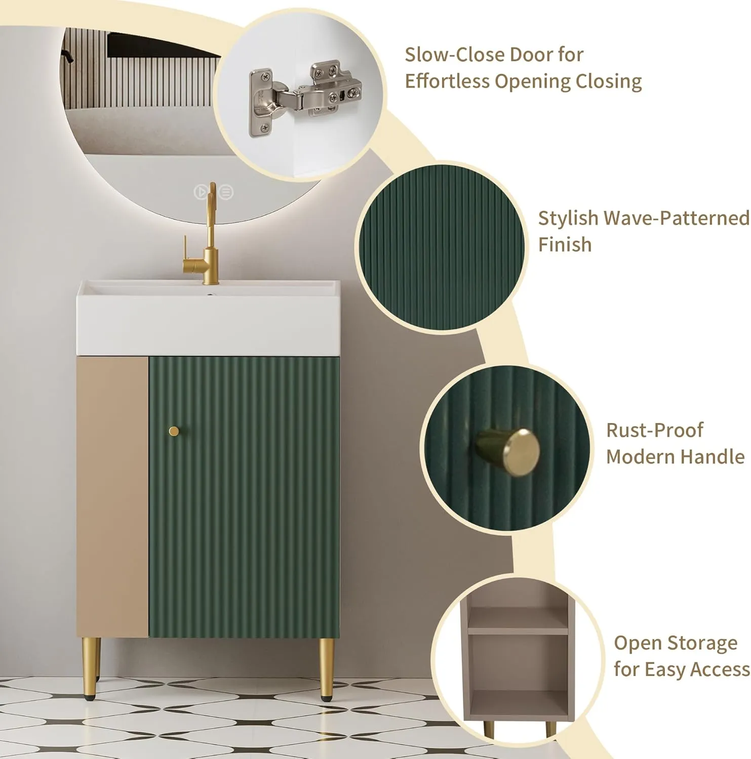 Merax 20 Inch Bathroom Vanity with Sink, Narrow Depth Bathroom Vanities,Wood Vanity Cabinet,Soft Closing Door,Freestanding Sink Cabinet W/Open Side Shelves, Dark Green