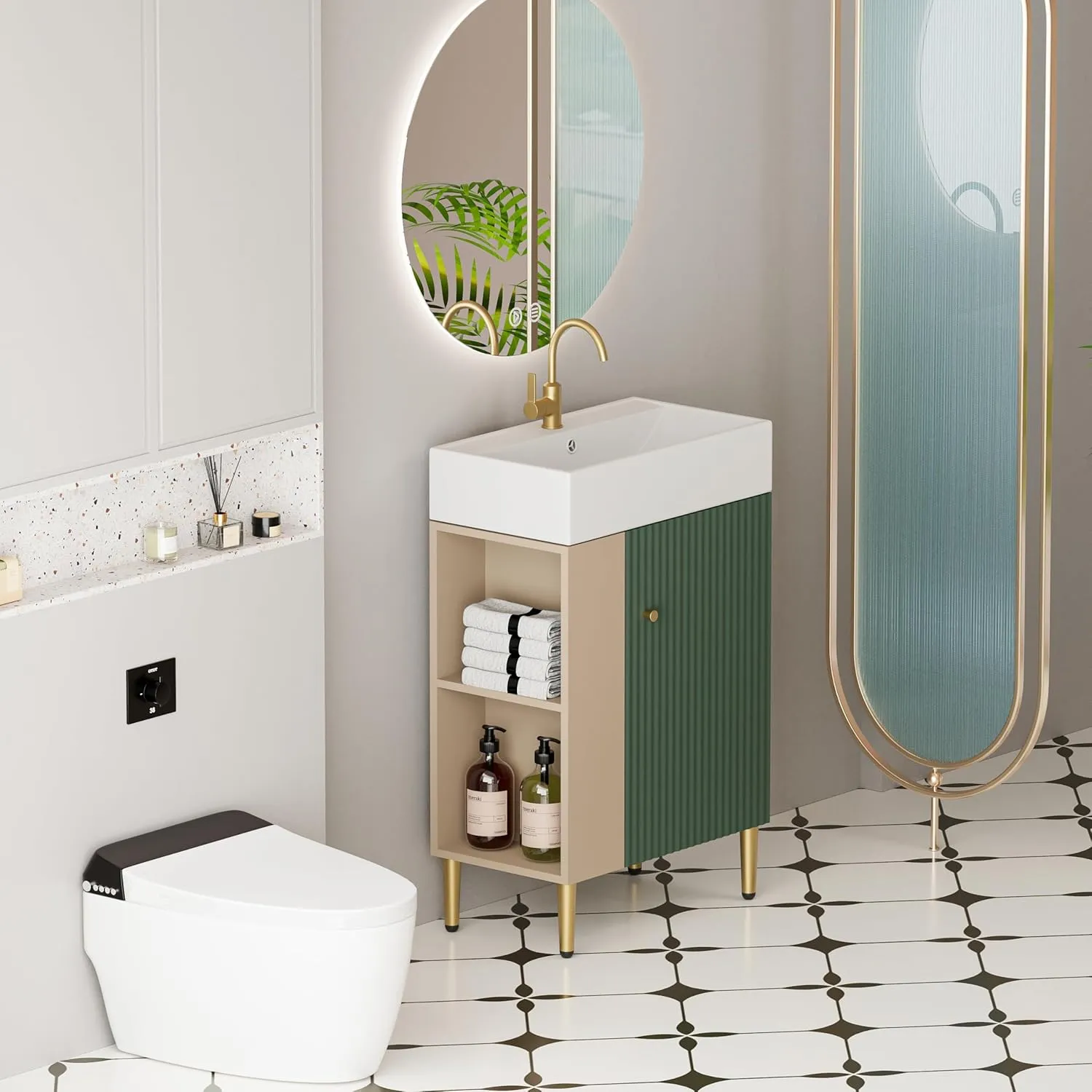 Merax 20 Inch Bathroom Vanity with Sink, Narrow Depth Bathroom Vanities,Wood Vanity Cabinet,Soft Closing Door,Freestanding Sink Cabinet W/Open Side Shelves, Dark Green