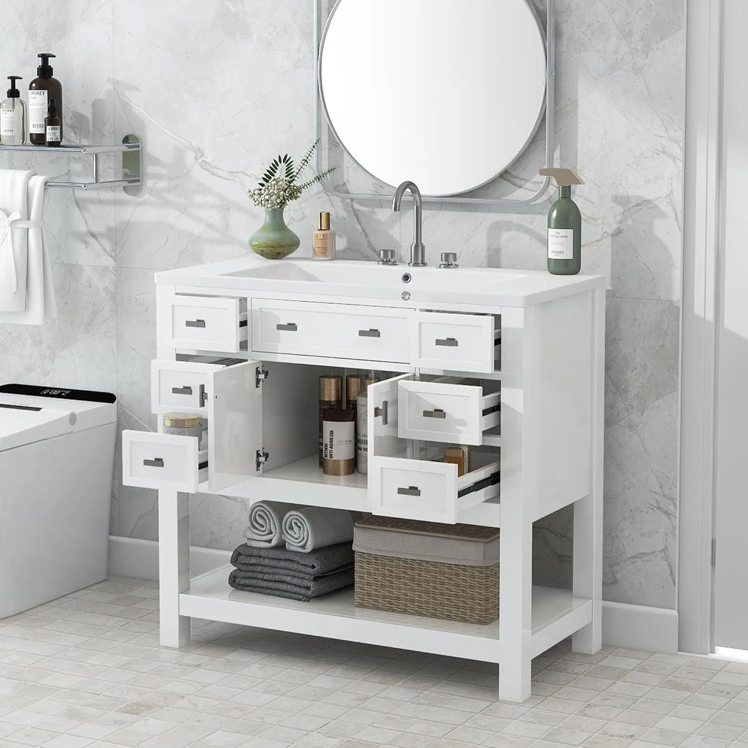 Merax 36'' Bathroom Vanity with Single Sink Combo, Modern Bathroom Sink Cabinet with 2 Soft Closing Doors & 6 Drawers & Opening Shelf, Solid Wood Frame Bathroom Vanities (White)