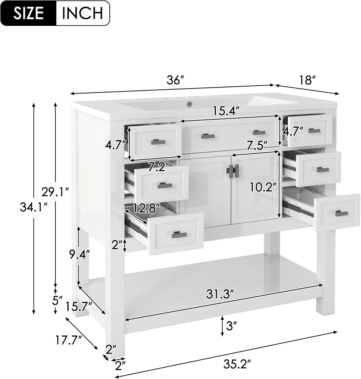 Merax 36'' Bathroom Vanity with Single Sink Combo, Modern Bathroom Sink Cabinet with 2 Soft Closing Doors & 6 Drawers & Opening Shelf, Solid Wood Frame Bathroom Vanities (White)