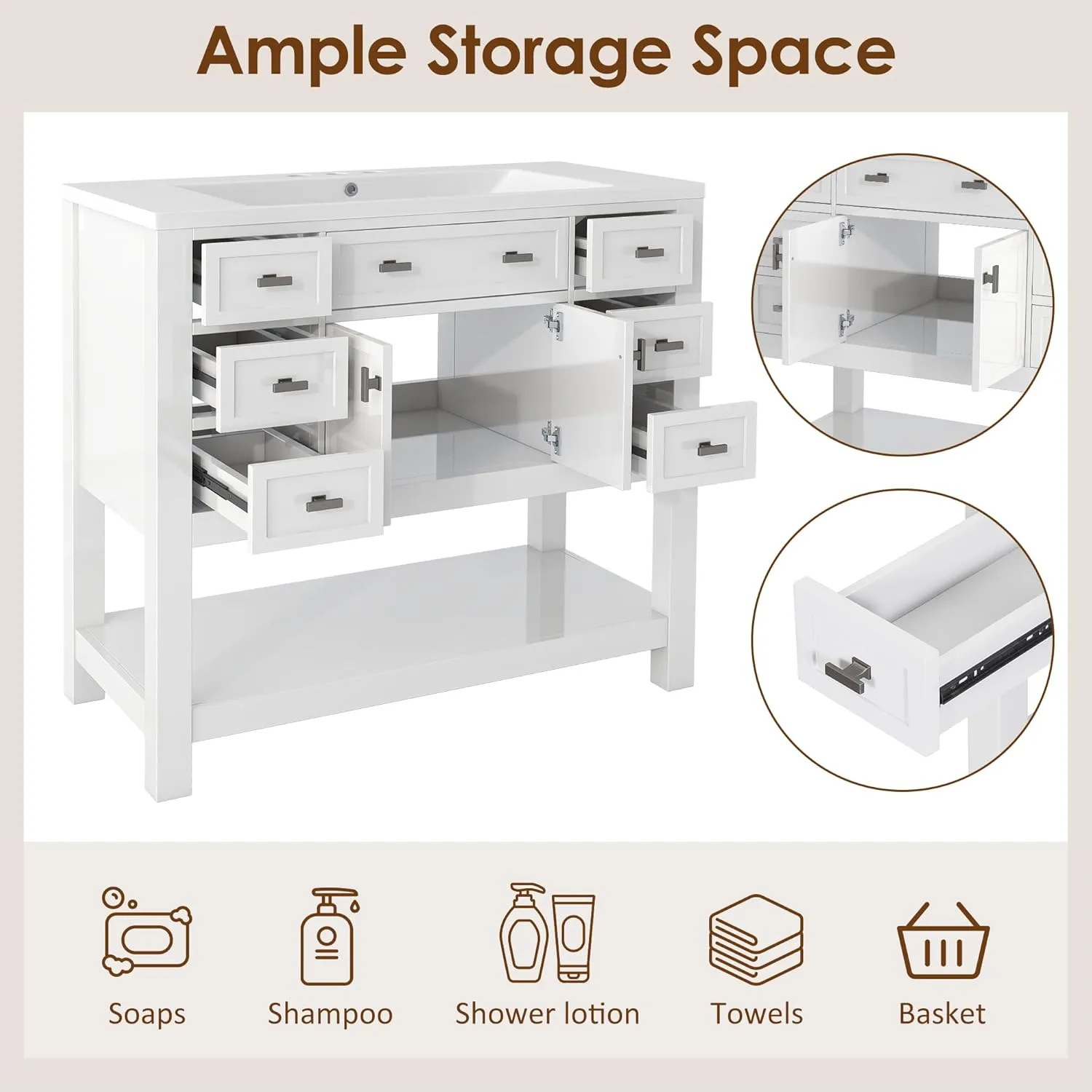 Merax 36'' Bathroom Vanity with Single Sink Combo, Modern Bathroom Sink Cabinet with 2 Soft Closing Doors & 6 Drawers & Opening Shelf, Solid Wood Frame Bathroom Vanities (White)