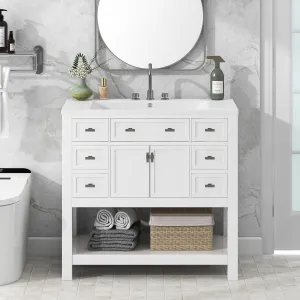 Merax 36'' Bathroom Vanity with Single Sink Combo, Modern Bathroom Sink Cabinet with 2 Soft Closing Doors & 6 Drawers & Opening Shelf, Solid Wood Frame Bathroom Vanities (White)