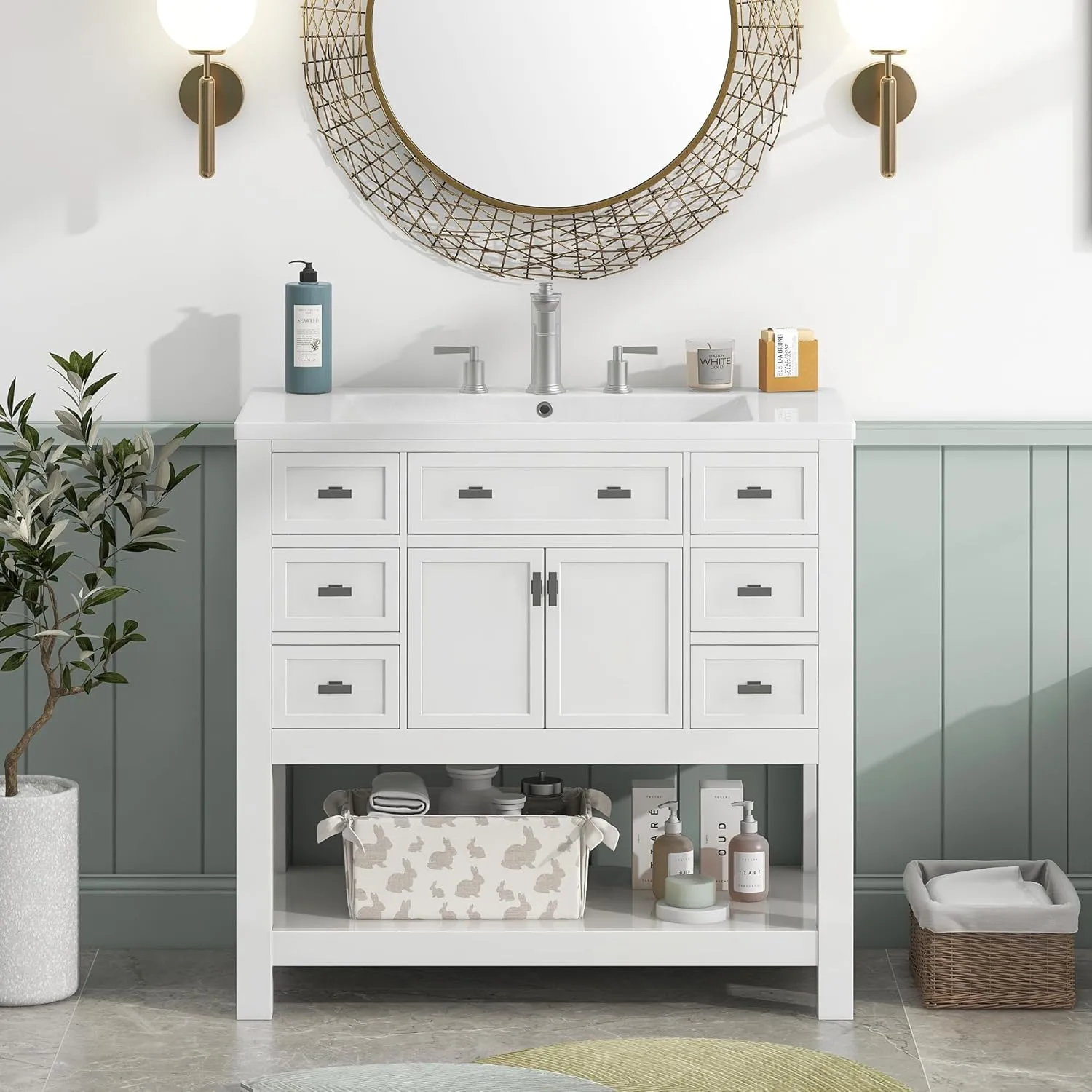 Merax 36 Inch Bathroom Vanity with Sink Combo, Solid Wood Frame Bathroom Vanities with 6 Drawers & 2 Soft Closing Doors & Opening Shelf, Modern Bathroom Sink Cabinet with Undermount Sink, White