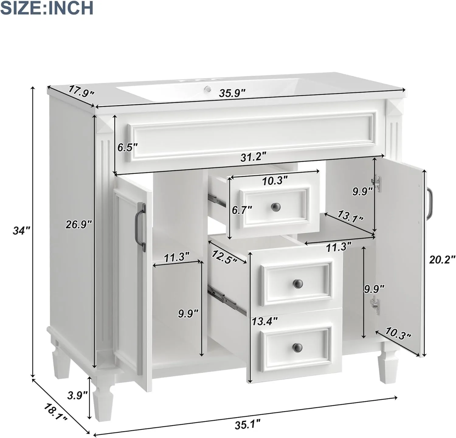 Merax 36" Bathroom Vanities with Single Sink, Modern Undermount Bathroom Sink Cabinet with 3 Closing Doors & 2 Full Extension Dovetail Drawers