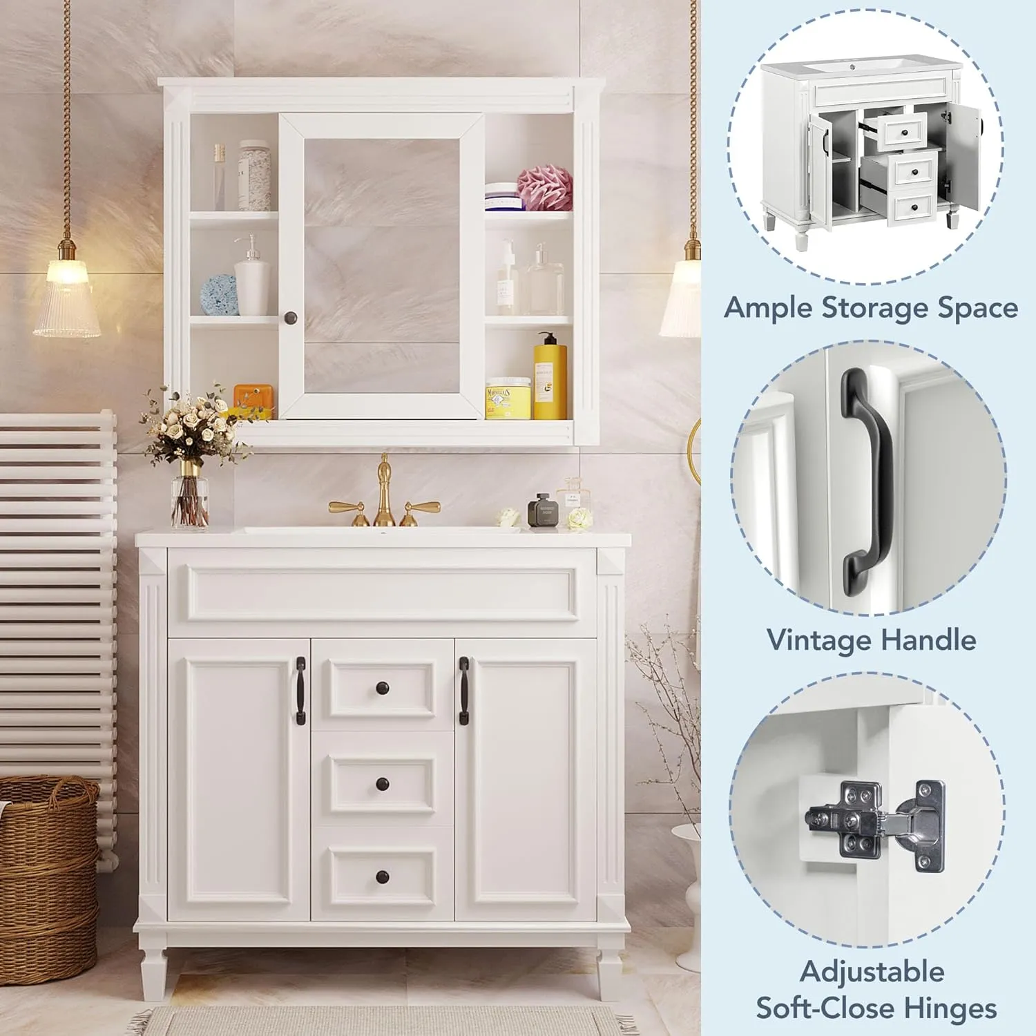 Merax 36" Bathroom Vanities with Single Sink, Modern Undermount Bathroom Sink Cabinet with 3 Closing Doors & 2 Full Extension Dovetail Drawers