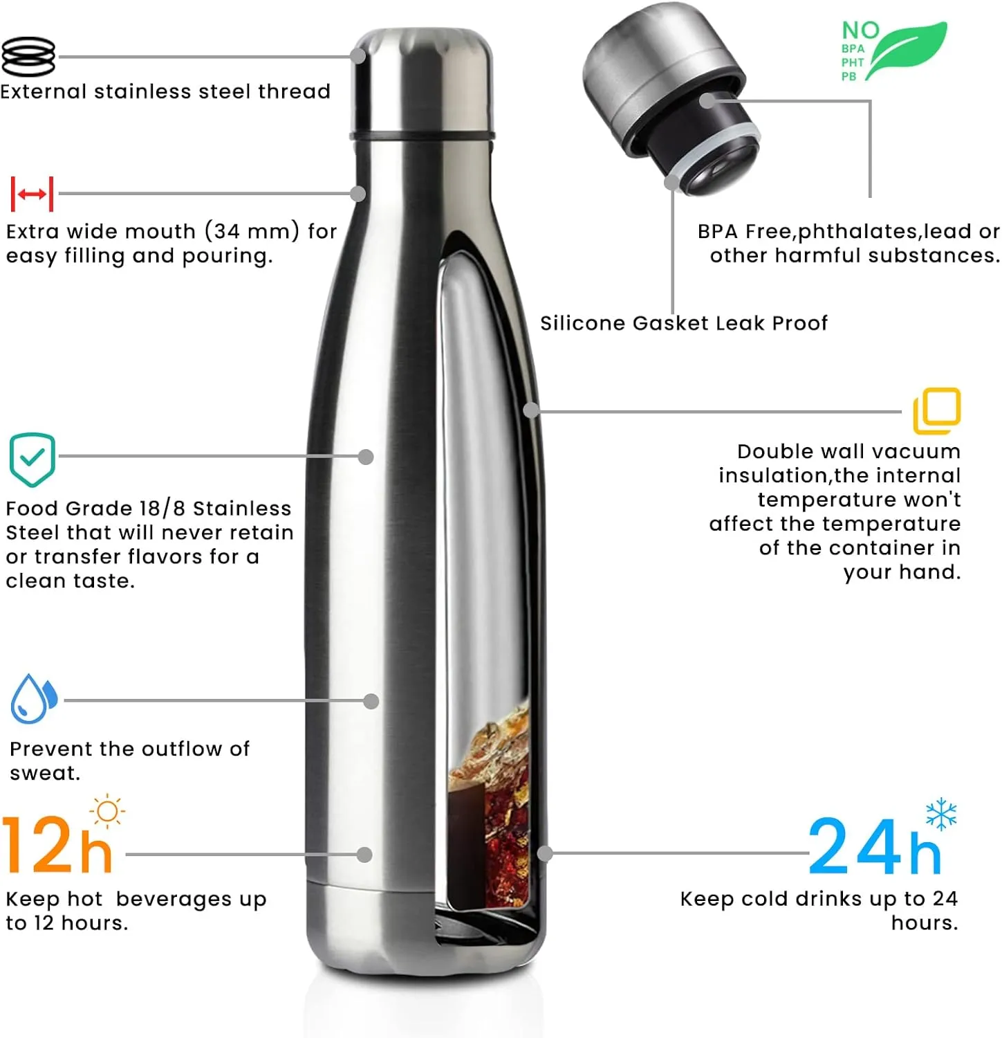 MEWAY 17oz Sport Water Bottle 12 Pack Vacuum Insulated Stainless Steel Sport Water Bottle Leak-Proof Double Wall Cola Shape Water Bottle,Keep Drinks Hot & Cold (Silver,12 Pack)