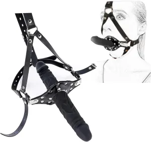 MFMYEE Silicone Penis Mouth Gag, Double Head Dildo Mouth Gag, Fetish Cock Gag Bondage, Leather Body Harness Restraint Strap-On Muzzles Mouth Spreader Oral Plug, BDSM Adult Sex Toys