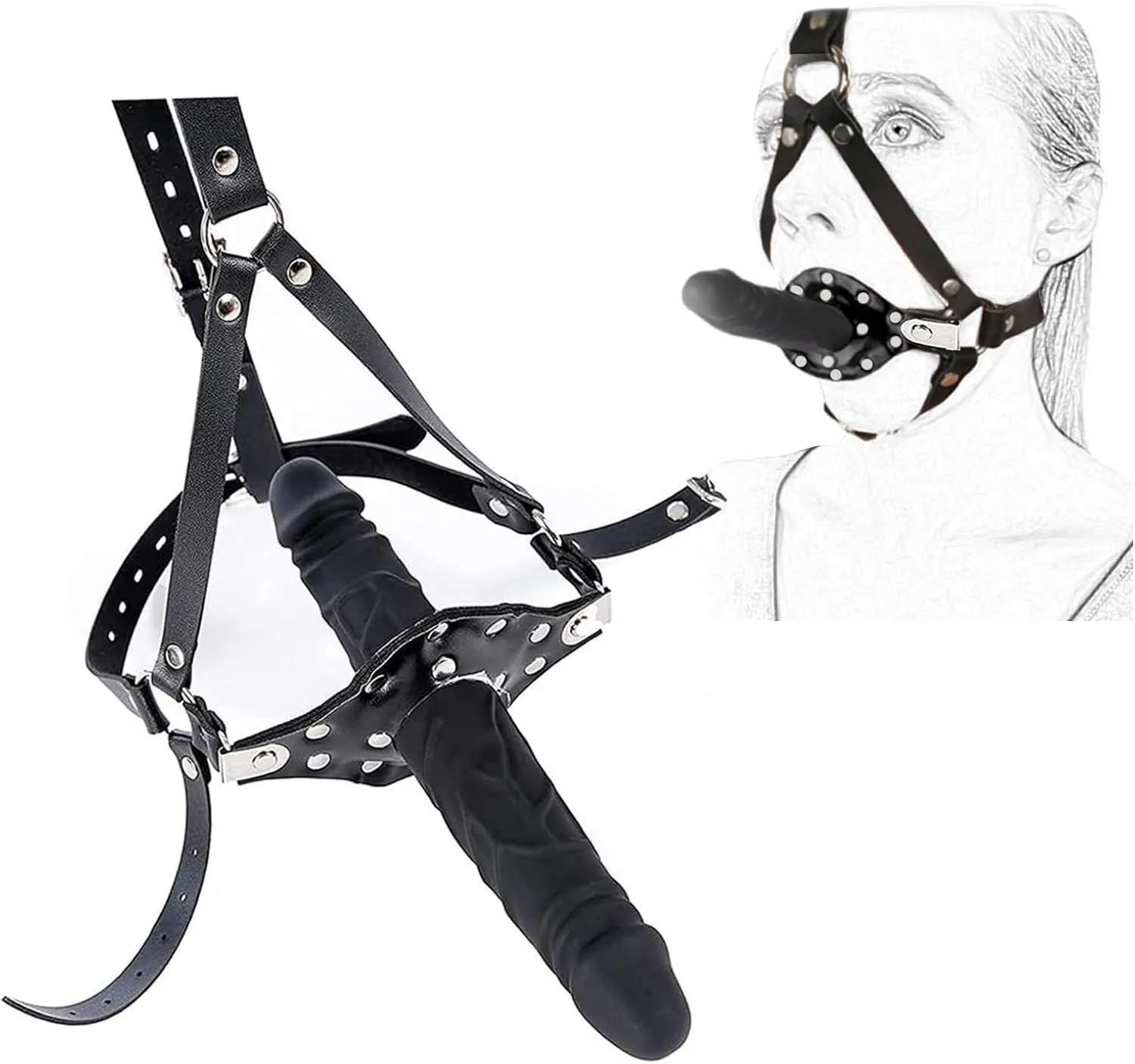 MFMYEE Silicone Penis Mouth Gag, Double Head Dildo Mouth Gag, Fetish Cock Gag Bondage, Leather Body Harness Restraint Strap-On Muzzles Mouth Spreader Oral Plug, BDSM Adult Sex Toys