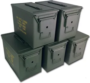 Mil Spec PA108 Fat 50 Cal Ammo Can (5 Pack) – Carbon Steel Metal Ammo Storage Box w/Stencils – Durable, Waterproof Dry Storage Box for Tools - Versatile Military Grade Organizer