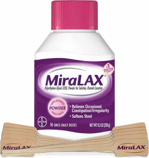 MiraLAX Gentle Constipation Relief Laxative Powder with Stirrer, Stool Softener with PEG 3350, No Harsh Side Effects, Osmotic Laxative, 1 Doctor & OBGYN Recommended, 14 Dose