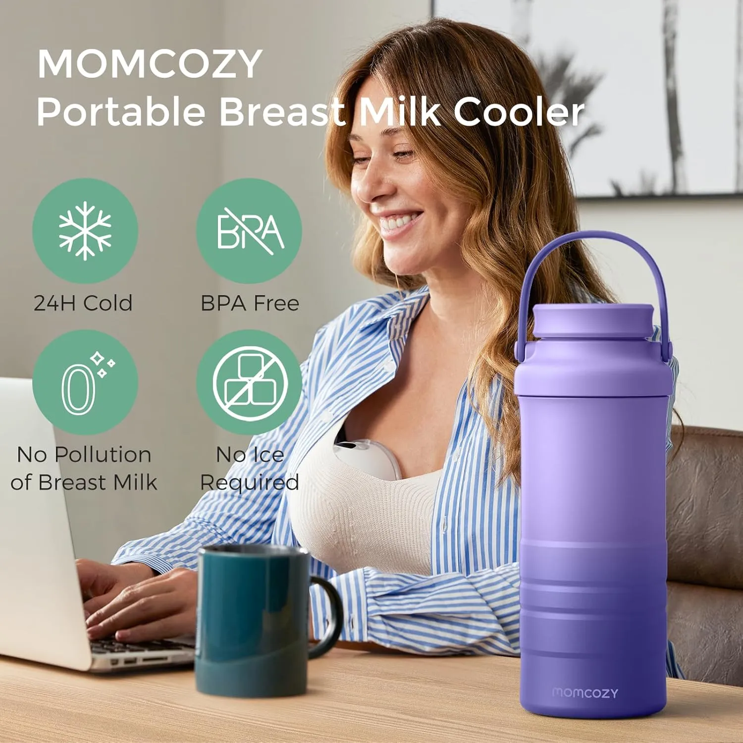 Momcozy 22oz Portable Breast Milk Cooler for Outdoor, Life Saver with 360° Total Cooling for 24 Hours, Larger Capacity Travel Breastmilk Chiller with 2pcs Baby Bottles for Breastmilk Storage, Purple