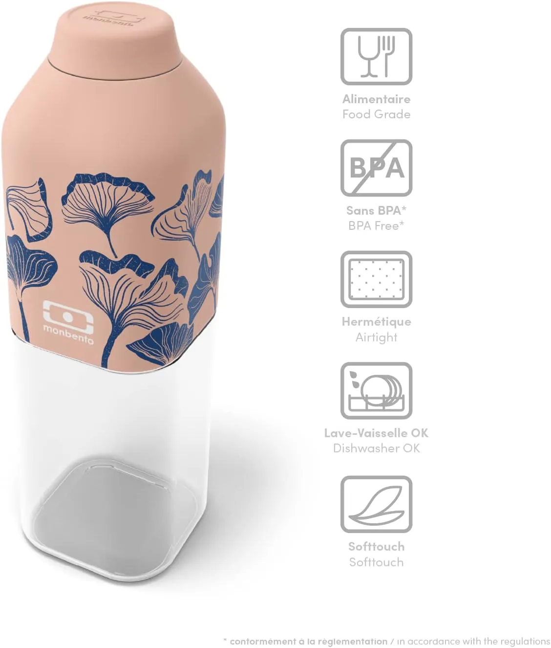monbento - MB Positive M Ginkgo Water Bottle 500ml - Leakproof Tritan Bottle - Ideal for Work, Picnic, Sport - BPA Free - Safe and Durable - Japanese Pattern - Pink and Blue