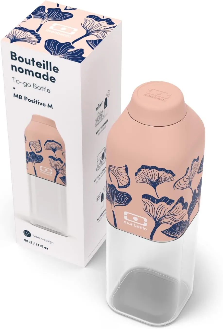 monbento - MB Positive M Ginkgo Water Bottle 500ml - Leakproof Tritan Bottle - Ideal for Work, Picnic, Sport - BPA Free - Safe and Durable - Japanese Pattern - Pink and Blue