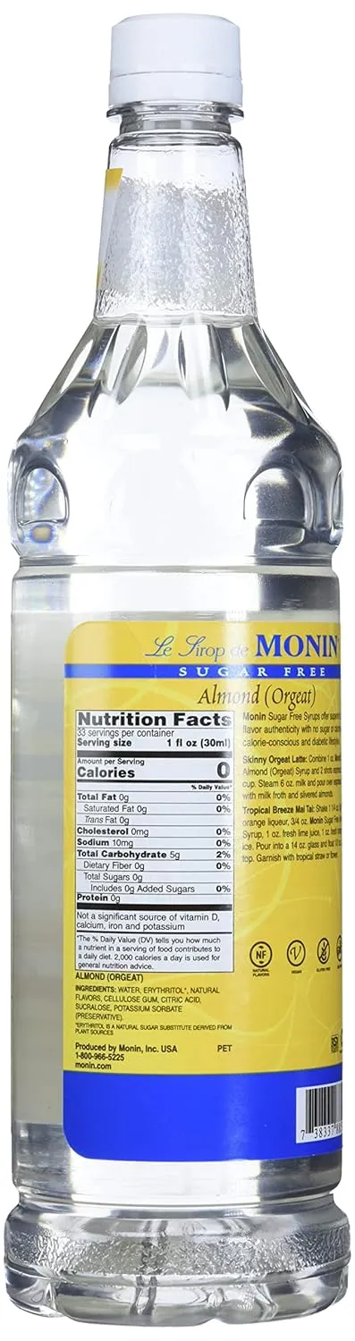 Monin - Sugar Free Almond Syrup, Subtle Sweetness with Rich Almond Flavor, Great for Lattes, Cappuccinos, & Unique Cocktails, Vegan, Non-GMO, Gluten-Free (1 Liter)