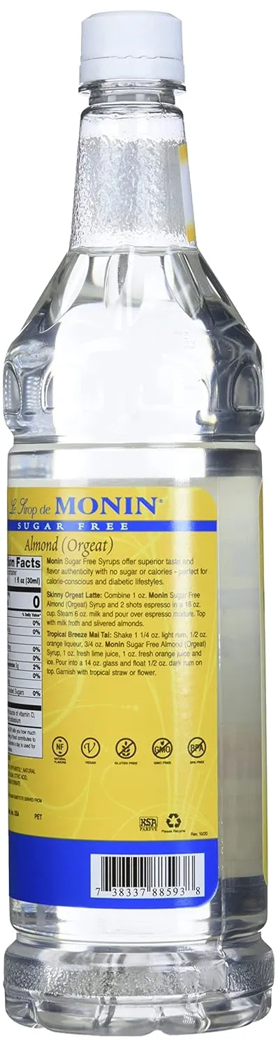 Monin - Sugar Free Almond Syrup, Subtle Sweetness with Rich Almond Flavor, Great for Lattes, Cappuccinos, & Unique Cocktails, Vegan, Non-GMO, Gluten-Free (1 Liter)