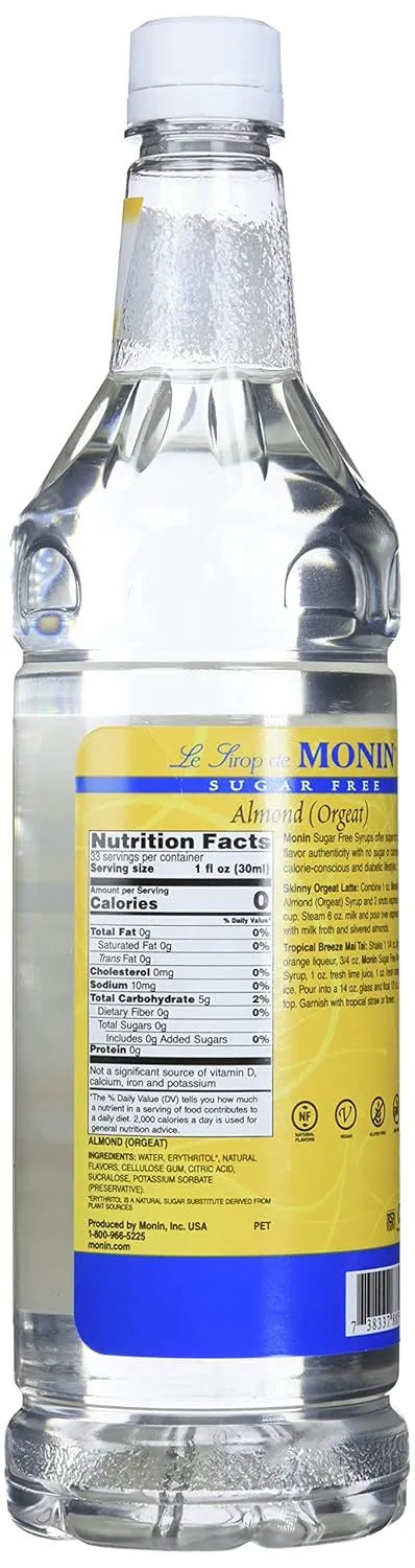 Monin - Sugar Free Almond Syrup, Subtle Sweetness with Rich Almond Flavor, Great for Lattes, Cappuccinos, & Unique Cocktails, Vegan, Non-GMO, Gluten-Free (1 Liter)