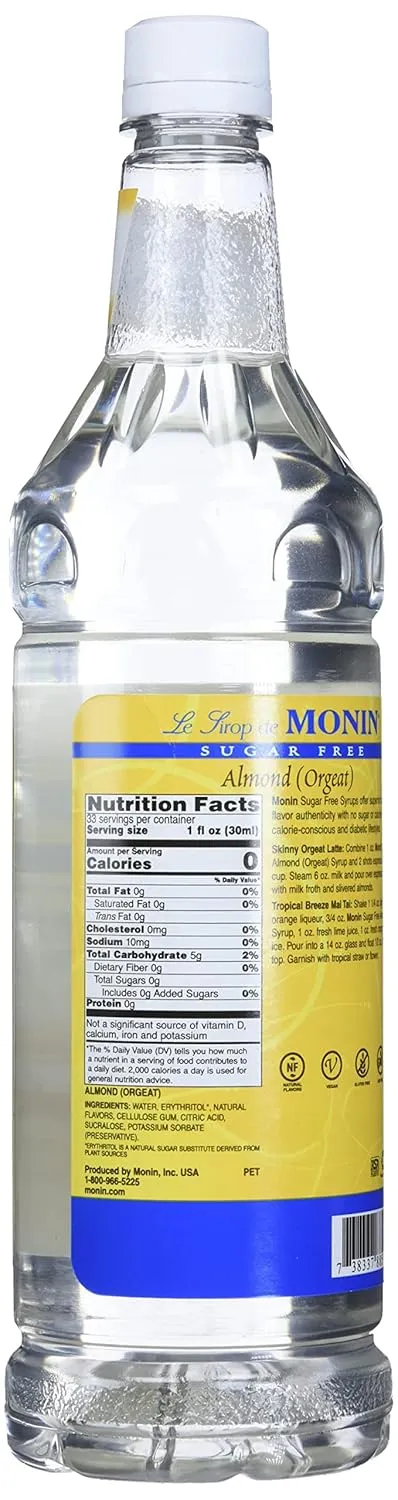 Monin - Sugar Free Almond Syrup, Subtle Sweetness with Rich Almond Flavor, Great for Lattes, Cappuccinos, & Unique Cocktails, Vegan, Non-GMO, Gluten-Free (1 Liter)