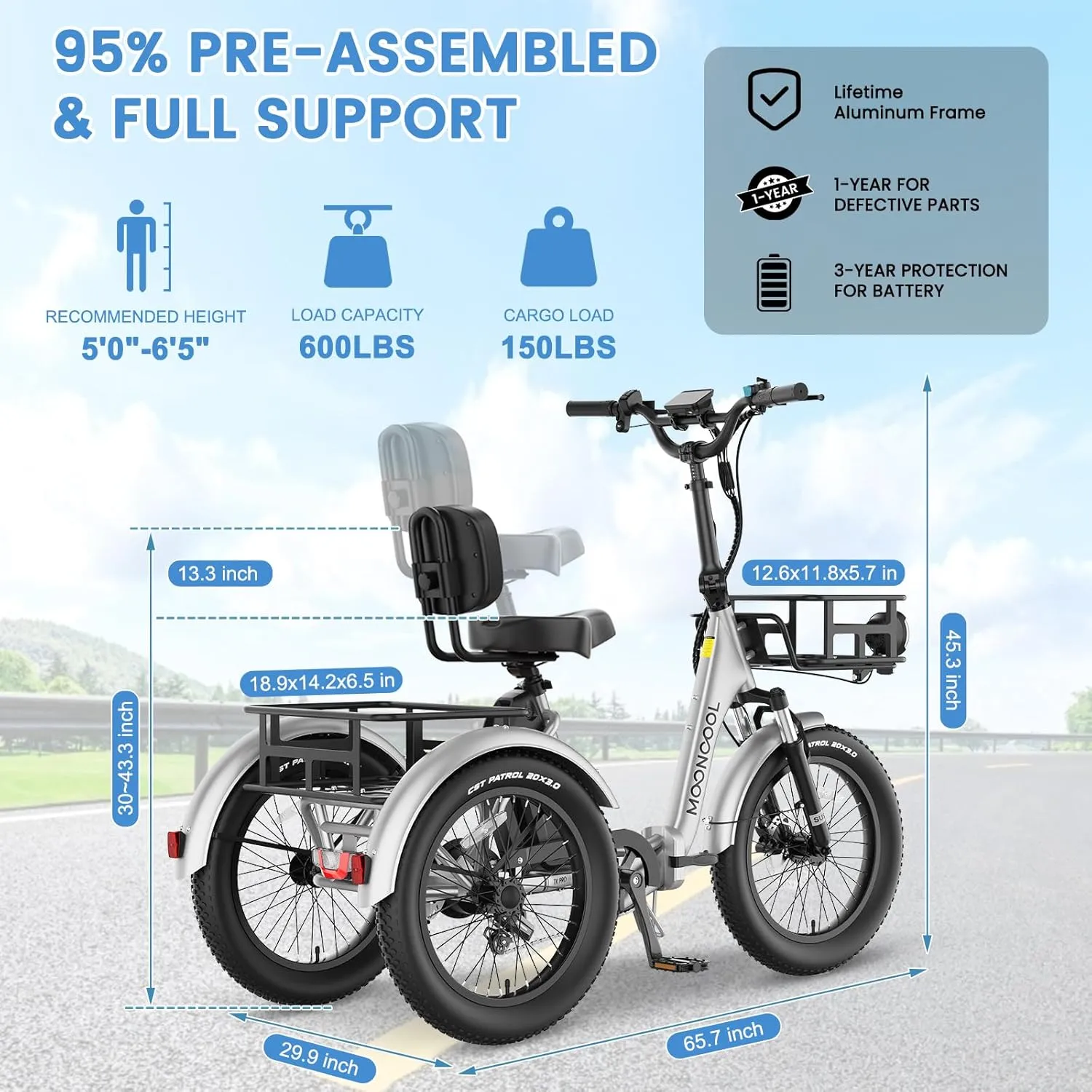 MOONCOOL Electric Trike, Electric Tricycle for Adults, 20" Folding 3 Wheels Electric Bicycle Bikes, 48V 500W/750W Motorized Electric Ebike with Aluminum Frame, Removable Battery and Basket