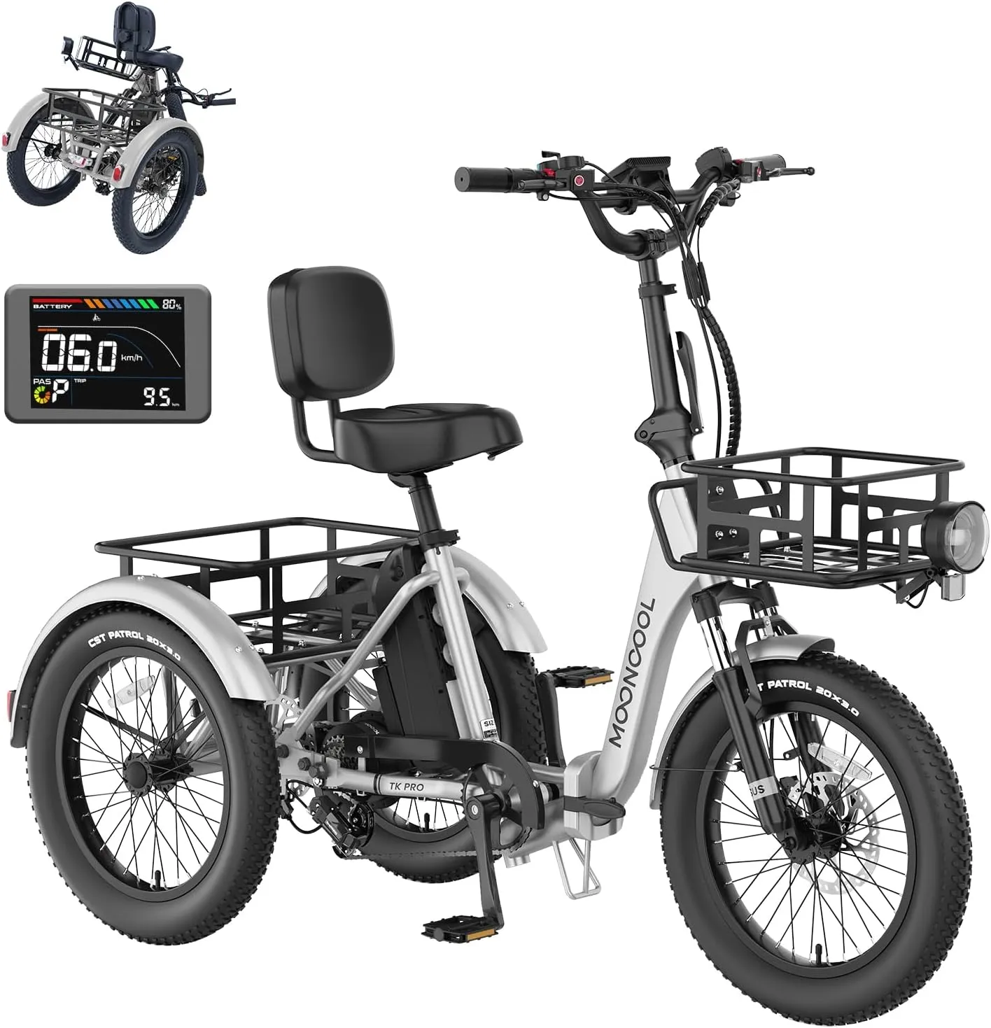 MOONCOOL Electric Trike, Electric Tricycle for Adults, 20" Folding 3 Wheels Electric Bicycle Bikes, 48V 500W/750W Motorized Electric Ebike with Aluminum Frame, Removable Battery and Basket