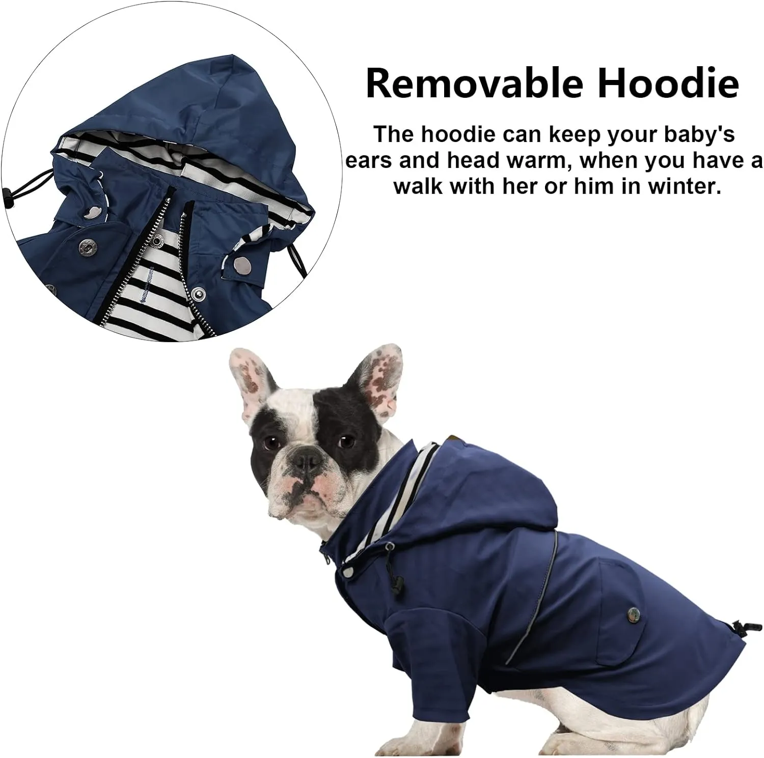 Morezi Dog Zip Up Raincoat with Reflective Buttons, Rain/Water Resistant, Adjustable Drawstring, Removable Hood, Raincoats with Legs 8lbs to 80lbs Available - Dark Blue - L