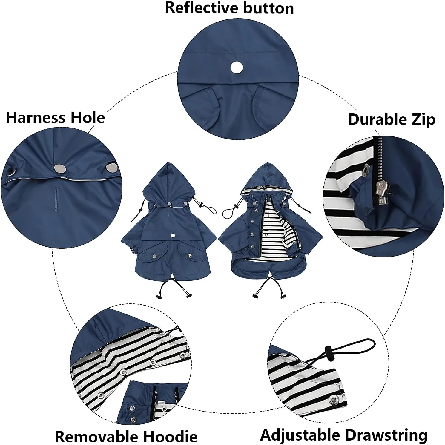 Morezi Dog Zip Up Raincoat with Reflective Buttons, Rain/Water Resistant, Adjustable Drawstring, Removable Hood, Raincoats with Legs 8lbs to 80lbs Available - Dark Blue - L