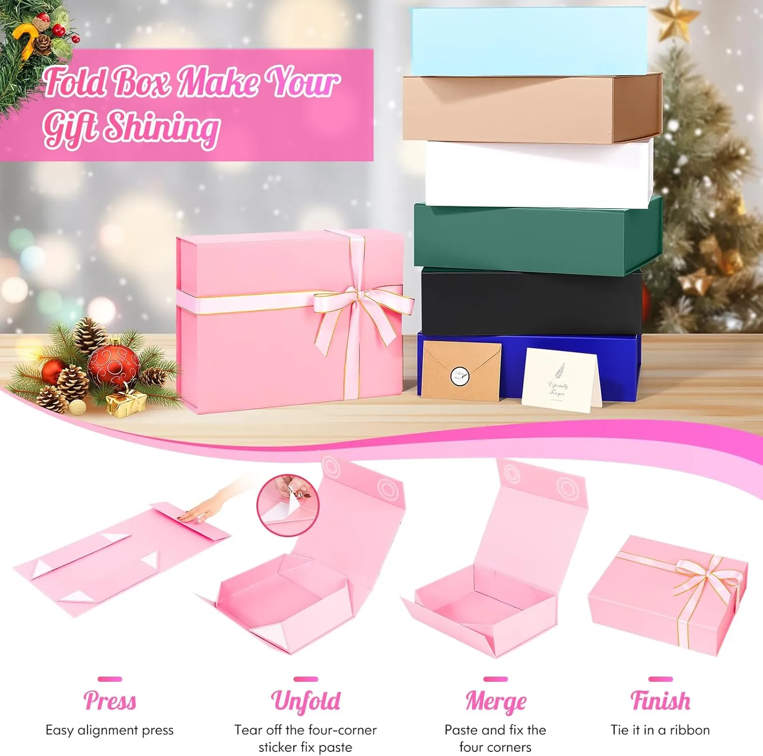 Mother's Day Pink Gift Box, 13"x10"x4" Nurse Surprise Wrap Boxes for Women Girls, Valentines basket Essentials with Magnetic Lids Card Ribbon Shredded Paper Filler, Luxury Bridesmaid Bags for Wedding