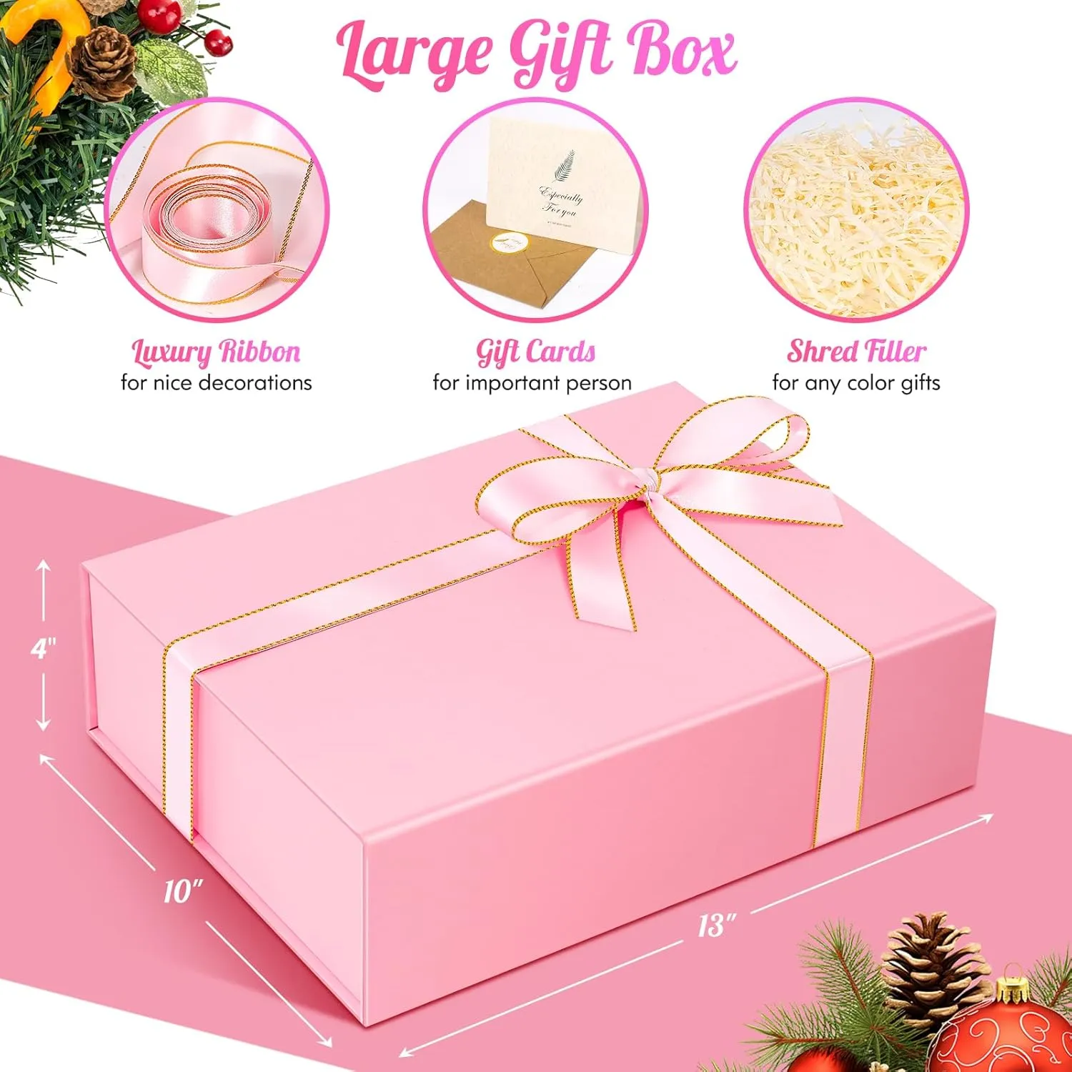 Mother's Day Pink Gift Box, 13"x10"x4" Nurse Surprise Wrap Boxes for Women Girls, Valentines basket Essentials with Magnetic Lids Card Ribbon Shredded Paper Filler, Luxury Bridesmaid Bags for Wedding