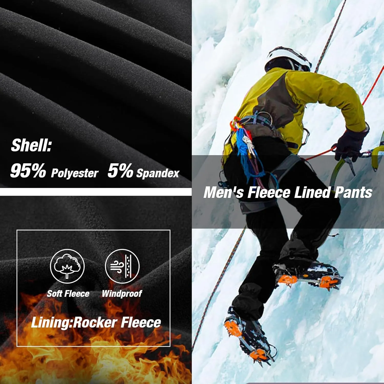 MOURCE Men's Fleece Lined Snow Hiking Pants Water Resistant，Insulated Winter Ski Pants 6 Zip Pockets and Belt