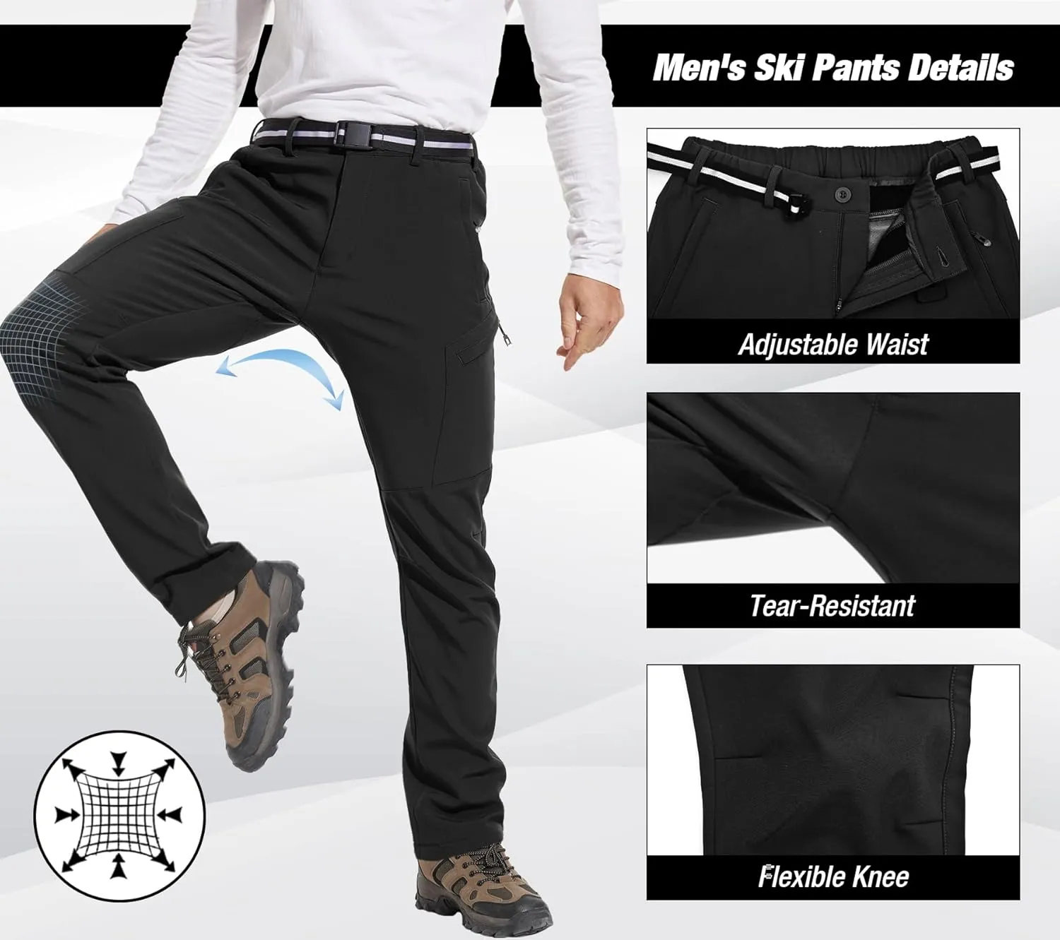 MOURCE Men's Fleece Lined Snow Hiking Pants Water Resistant，Insulated Winter Ski Pants 6 Zip Pockets and Belt