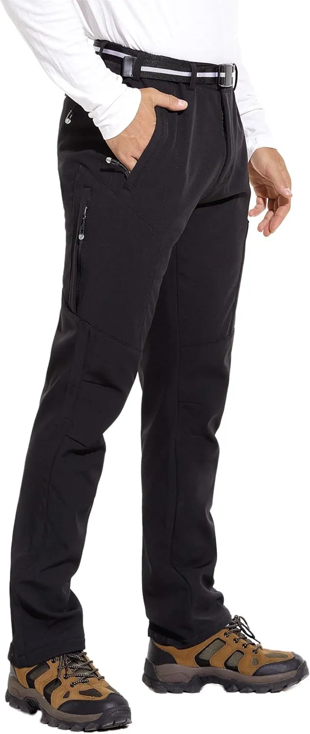 MOURCE Men's Fleece Lined Snow Hiking Pants Water Resistant，Insulated Winter Ski Pants 6 Zip Pockets and Belt