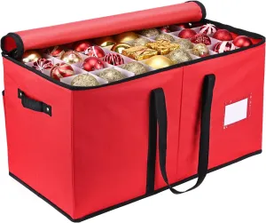 Mrrihand Christmas Ornament Storage Box, Xmas Decoration Organizer with Adjustable Dividers - Storage Container Keeps 128 Holiday Ornaments 3-Inch, Dual Zipper Closure, 600D Tear-Proof Material(Red)