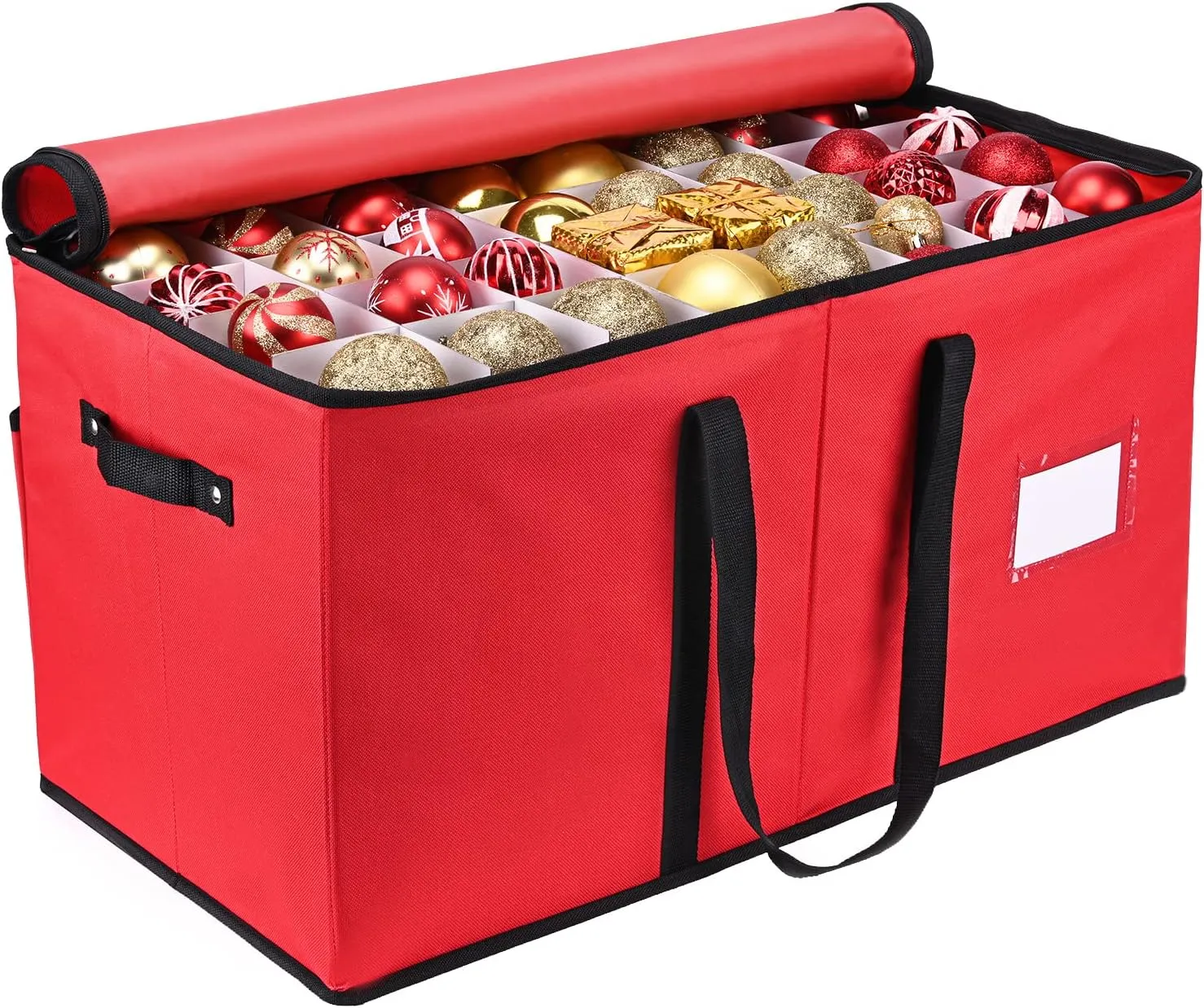 Mrrihand Christmas Ornament Storage Box, Xmas Decoration Organizer with Adjustable Dividers - Storage Container Keeps 128 Holiday Ornaments 3-Inch, Dual Zipper Closure, 600D Tear-Proof Material(Red)