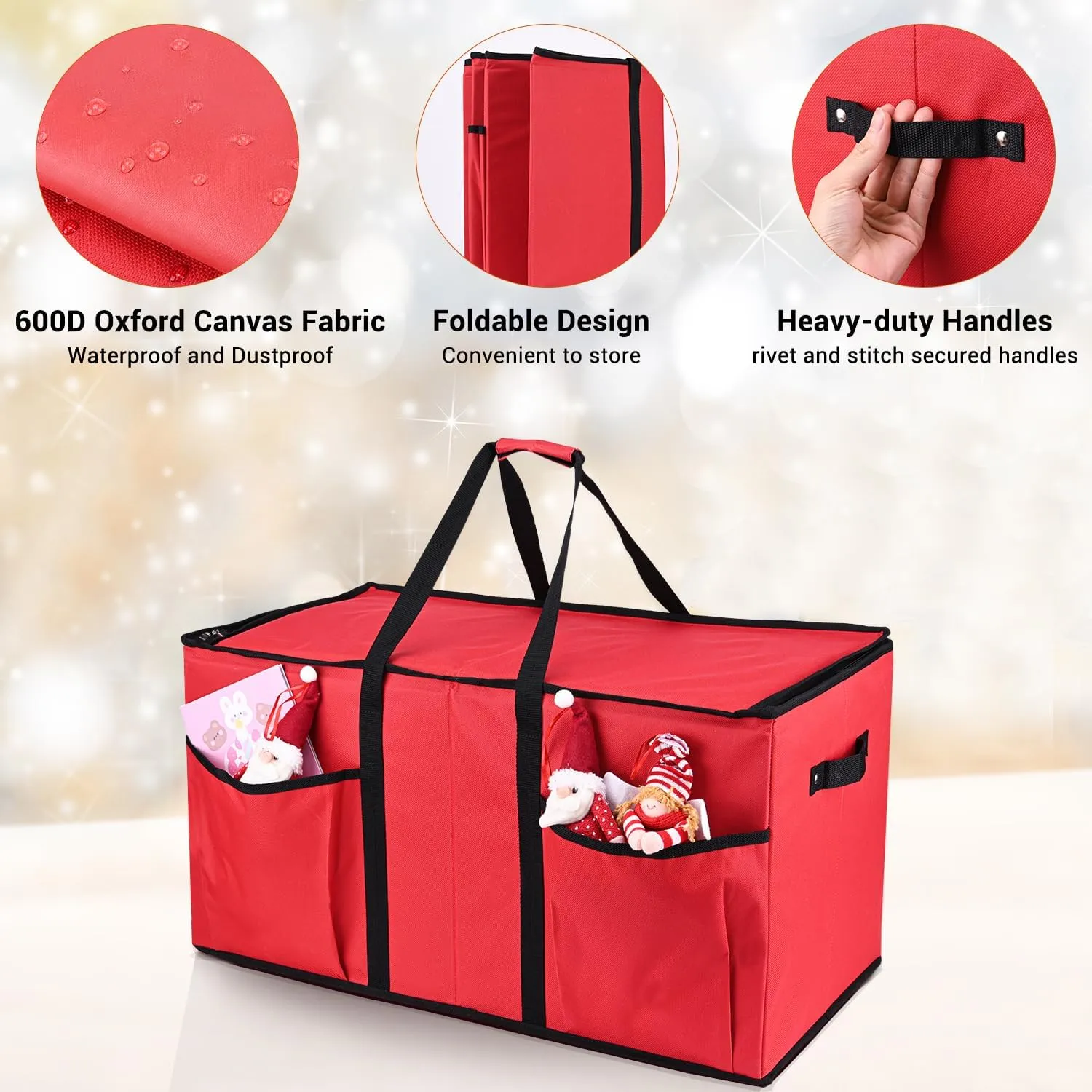 Mrrihand Christmas Ornament Storage Box, Xmas Decoration Organizer with Adjustable Dividers - Storage Container Keeps 128 Holiday Ornaments 3-Inch, Dual Zipper Closure, 600D Tear-Proof Material(Red)