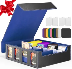 MTG Trading Card Storage Box Fix 3200  Cards, 4-Row Commander Deck Box with 24 Colorful Dividers & 4 Card Holders & 4 Supporters, PU Leather TCG Case for Magic/TCG/YuGiOh/Sport Cards- Black & Blue