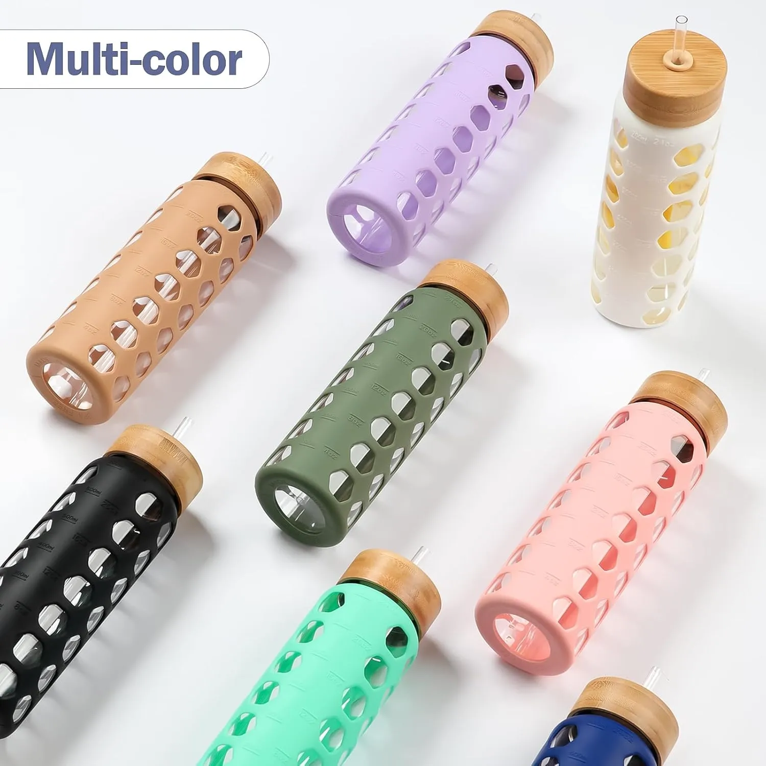 MUKOKO Glass Water Bottles, 24oz Glass Tumbler with Straw, Drinking Bottles with 2 Lids-Handle Spout Lid&Bamboo Straw Lid, Motivational Water Bottle with Time Marker and Silicone Sleeve, 1 Pack-Amber