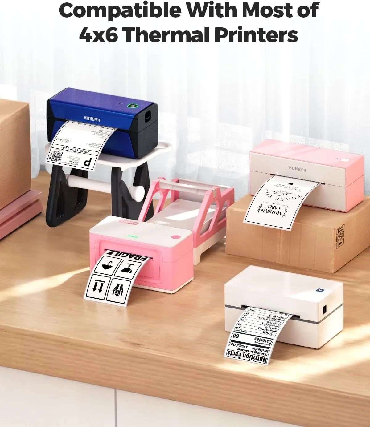 MUNBYN 4"x6" Direct Thermal Shipping Labels, Commercial Grade Permanent Adhesive Fanfold Mailing Postage Label Paper for Thermal Printers and Packages, 220 Sheets per Stack
