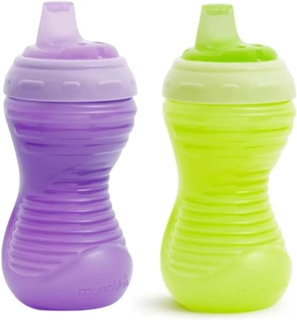 Munchkin Sippy Cups, 10oz Mighty Grip Spill Proof Toddler Cups for 6 Month Old - EZ to Hold Contoured Design, Soft Silicone Spout, Top Rack Dishwasher & Freezer Safe, BPA Free, Kids Cup (Purple/Green)