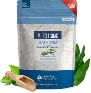 Muscle Soak Bath Salt 128 Ounces Epsom Salt with Natural Peppermint and Eucalyptus Essential Oils Plus Vitamin C in BPA Free Pouch with Easy Press-Lock Seal