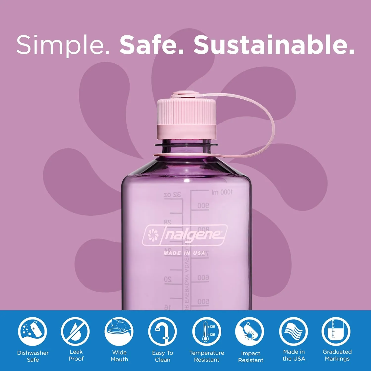 Nalgene Sustain Tritan BPA-Free Water Bottle Made with Material Derived from 50% Plastic Waste, 32 OZ, Narrow Mouth, Cherry Blossom