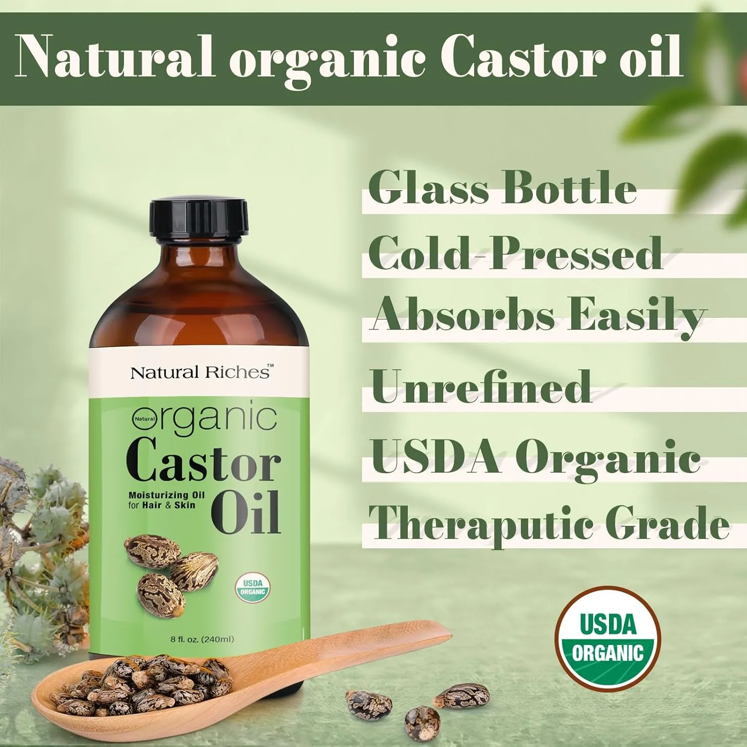 Natural Riches Unrefined Organic Castor Oil Cold pressed Glass Bottle USDA certified for Dry Skin Hair Loss Dandruff Thicker Hair - Moisturizes heals Scalp Skin Thicker Eyelashes Eyebrows 8 fl oz