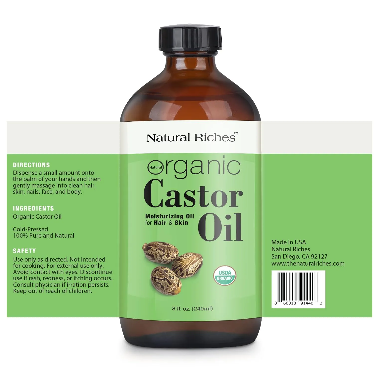 Natural Riches Unrefined Organic Castor Oil Cold pressed Glass Bottle USDA certified for Dry Skin Hair Loss Dandruff Thicker Hair - Moisturizes heals Scalp Skin Thicker Eyelashes Eyebrows 8 fl oz
