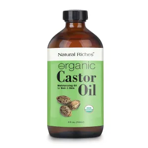 Natural Riches Unrefined Organic Castor Oil Cold pressed Glass Bottle USDA certified for Dry Skin Hair Loss Dandruff Thicker Hair - Moisturizes heals Scalp Skin Thicker Eyelashes Eyebrows 8 fl oz