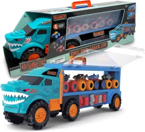 Nature Bound Crazy Truck Big Rig Monster Truck Hauler for Kids, Die-Cast Metal Toy Cars with Stunt Accessories, Large 24-Inch Carrier with Folding Storage Doors and Handle