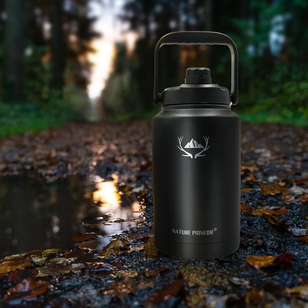 NATURE PIONEOR One Gallon Water Bottle Insulated - Large Double Vacuum Stainless Steel 128 oz Water Bottle with Holder/Carrier, 1 Gallon Water Jug 2 in 1 LID, Flip Straw and Spout, Wide Mouth