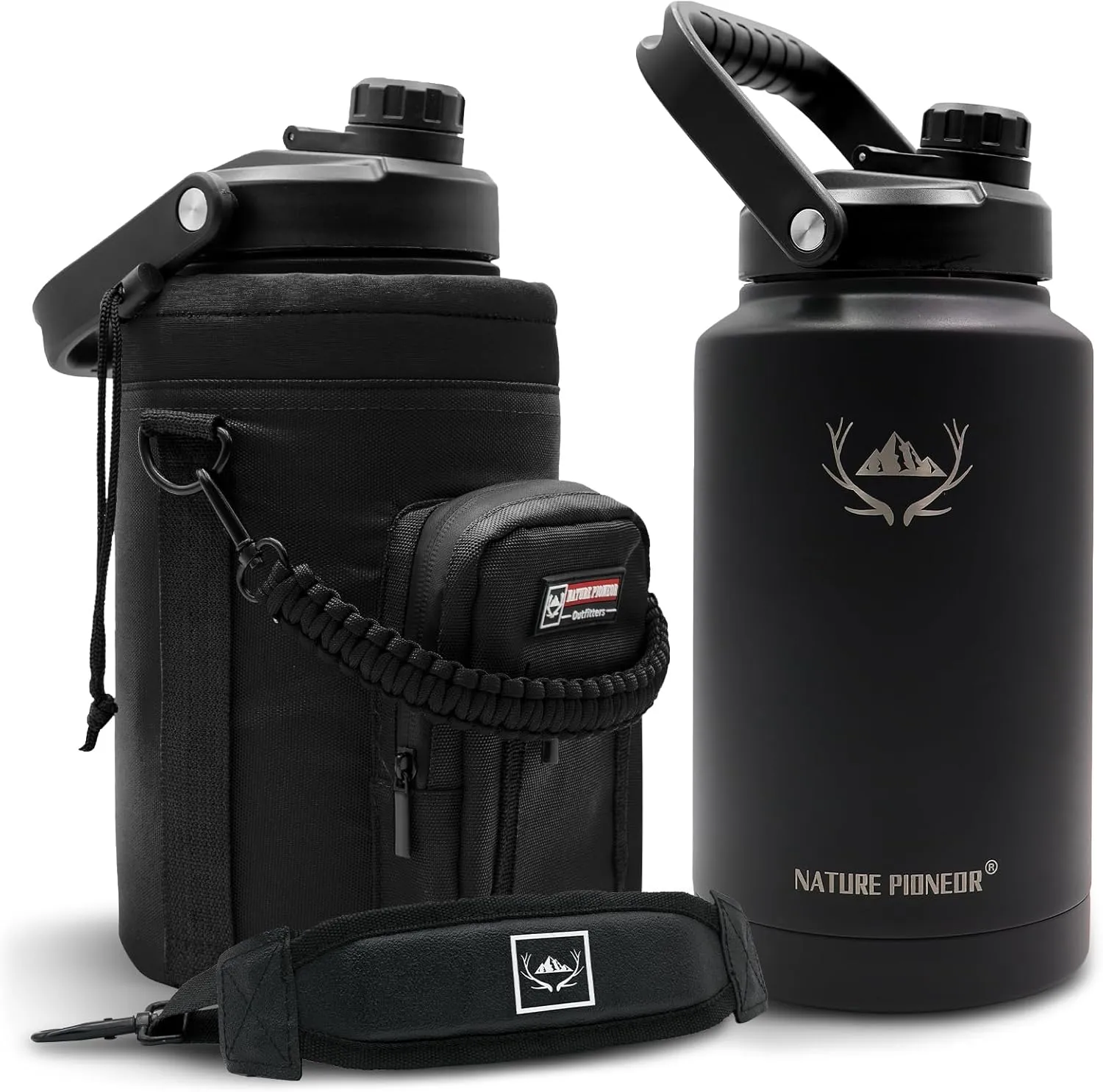 NATURE PIONEOR One Gallon Water Bottle Insulated - Large Double Vacuum Stainless Steel 128 oz Water Bottle with Holder/Carrier, 1 Gallon Water Jug 2 in 1 LID, Flip Straw and Spout, Wide Mouth