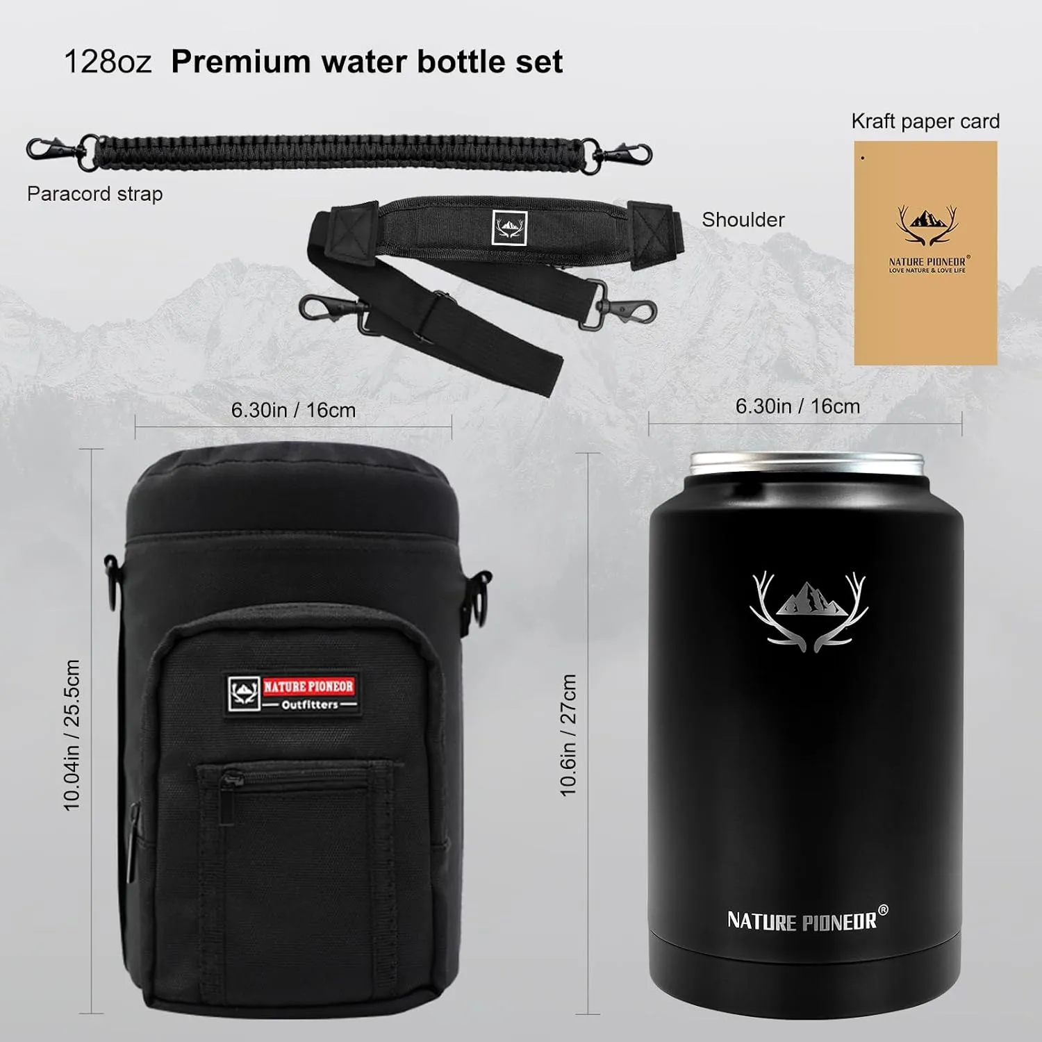 NATURE PIONEOR One Gallon Water Bottle Insulated - Large Double Vacuum Stainless Steel 128 oz Water Bottle with Holder/Carrier, 1 Gallon Water Jug 2 in 1 LID, Flip Straw and Spout, Wide Mouth