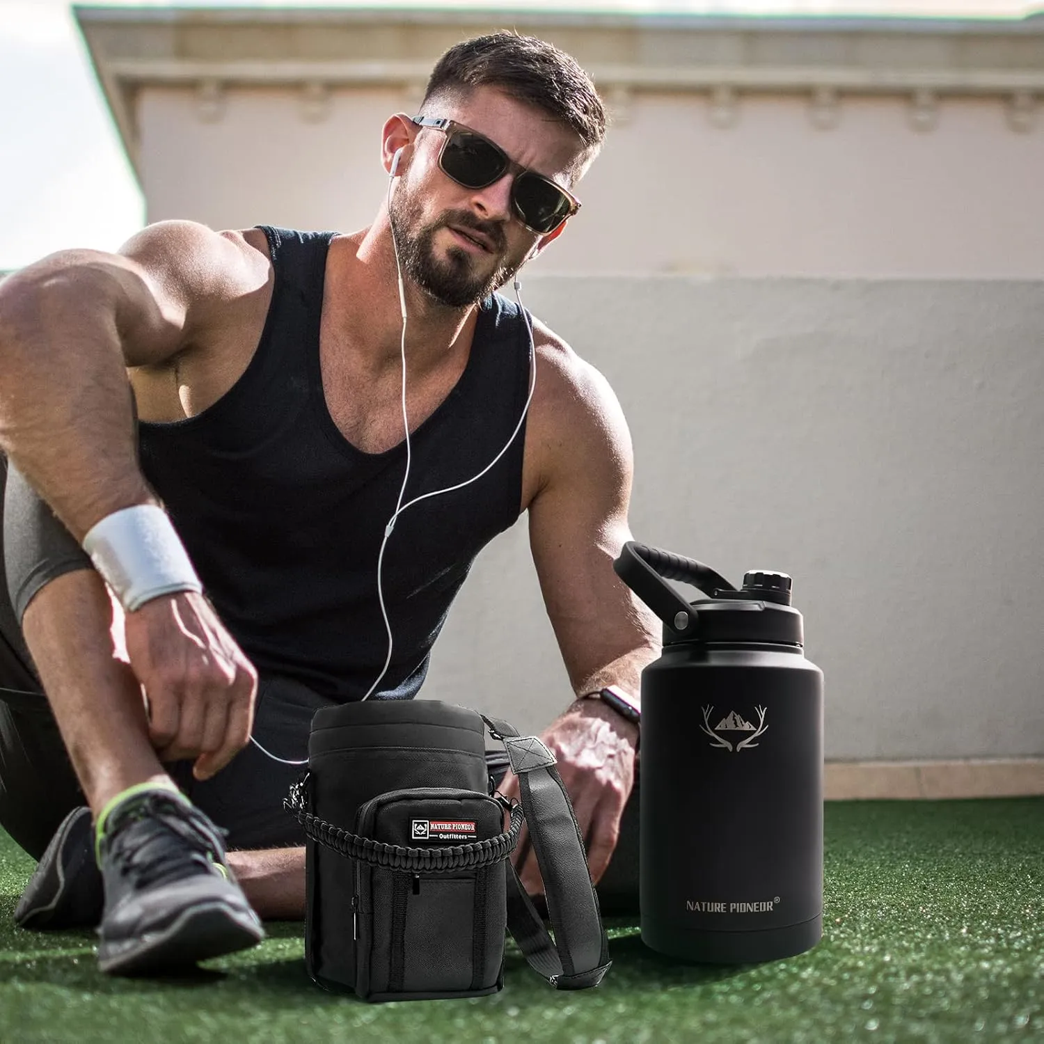 NATURE PIONEOR One Gallon Water Bottle Insulated - Large Double Vacuum Stainless Steel 128 oz Water Bottle with Holder/Carrier, 1 Gallon Water Jug 2 in 1 LID, Flip Straw and Spout, Wide Mouth