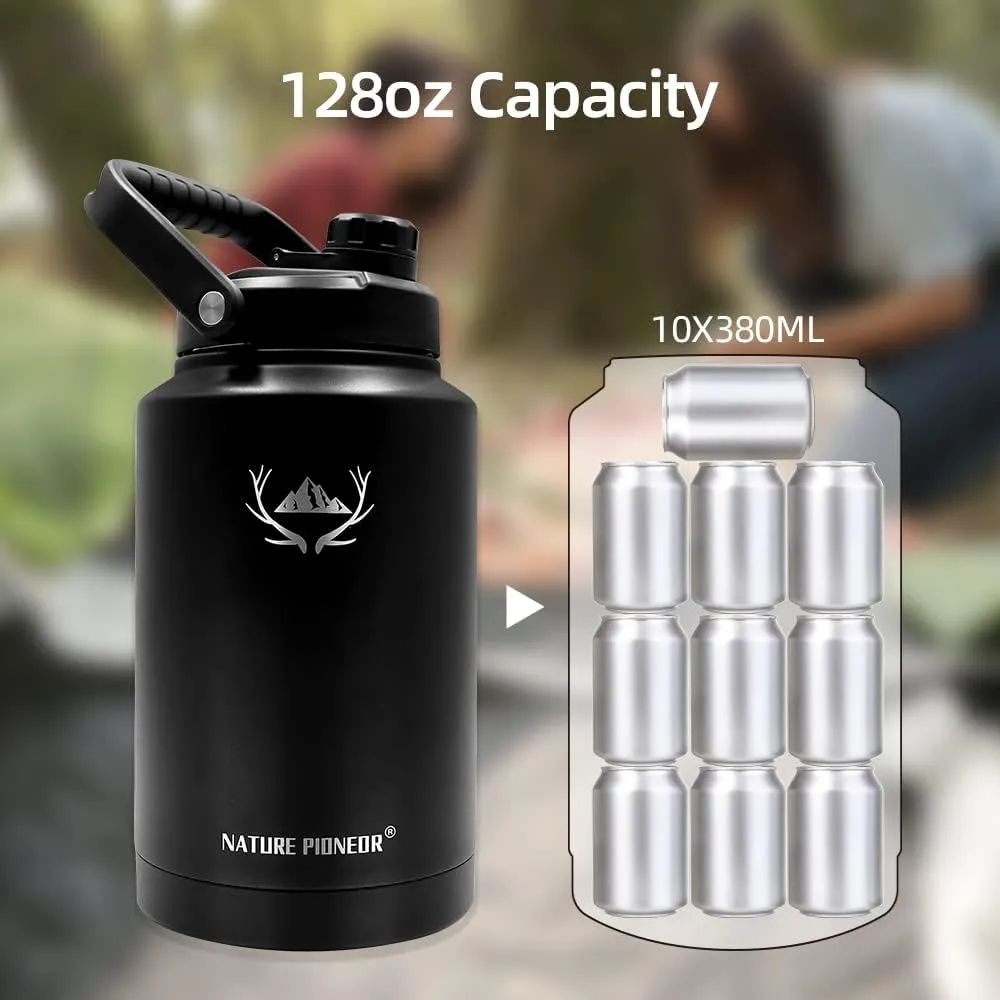 NATURE PIONEOR One Gallon Water Bottle Insulated - Large Double Vacuum Stainless Steel 128 oz Water Bottle with Holder/Carrier, 1 Gallon Water Jug 2 in 1 LID, Flip Straw and Spout, Wide Mouth