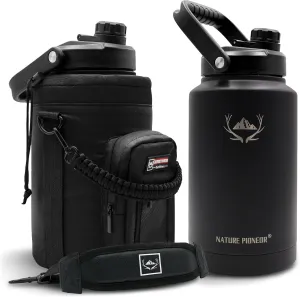 NATURE PIONEOR One Gallon Water Bottle Insulated - Large Double Vacuum Stainless Steel 128 oz Water Bottle with Holder/Carrier, 1 Gallon Water Jug 2 in 1 LID, Flip Straw and Spout, Wide Mouth